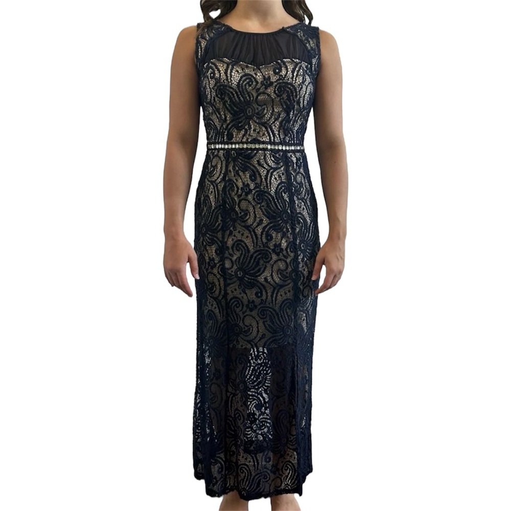 Enfocus Studio Mesh Chest Panel Floral Lace Slit Navy Blue Maxi Dress Women's SP